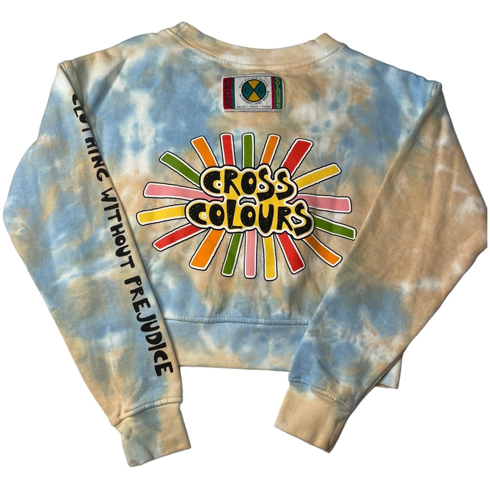 CROSS COLOURS Crop Sweatshirt Women's XS Sky Blue/Sand Cloud Tie Dye Long Sleeve